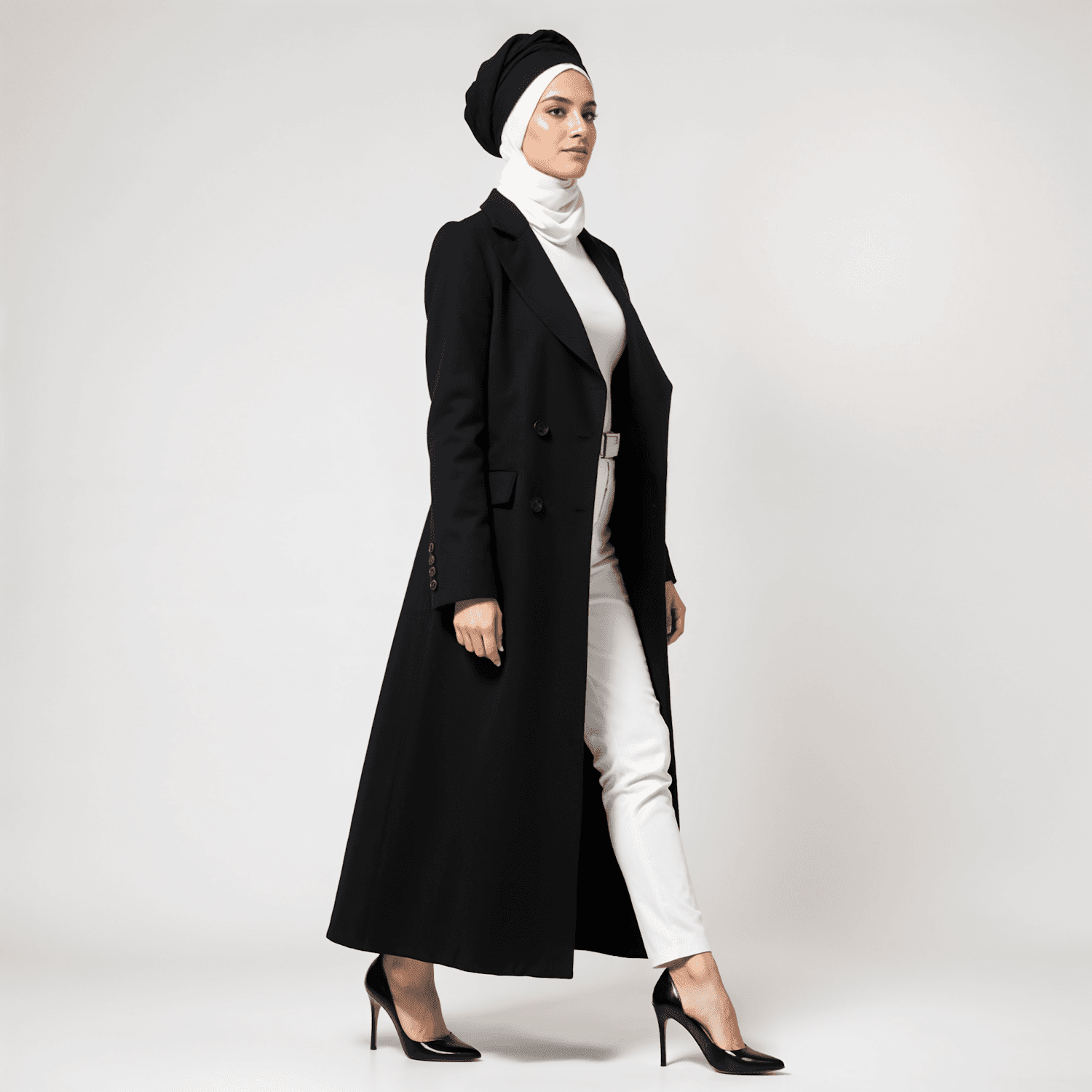 Woman in a long black coat and headscarf walking across a white studio