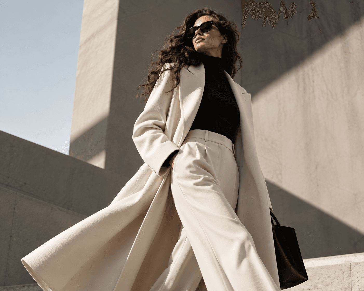 Model in a long ivory coat and black knit striding past sunlit concrete walls